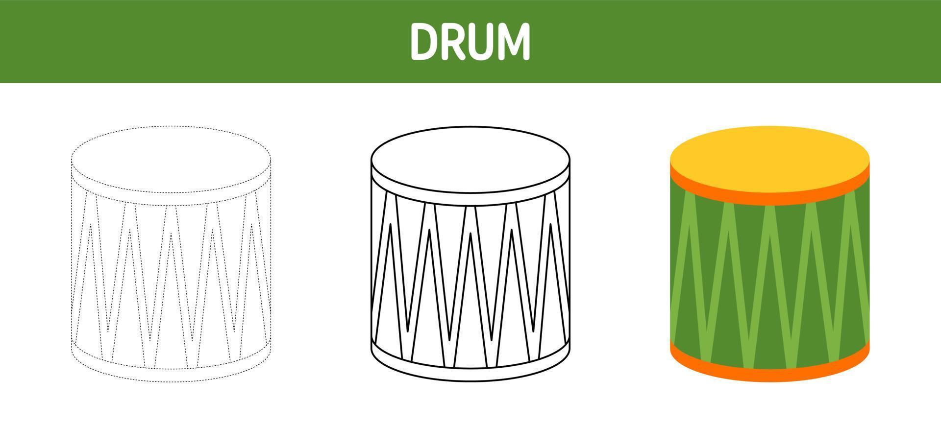 Drum tracing and coloring worksheet for kids vector