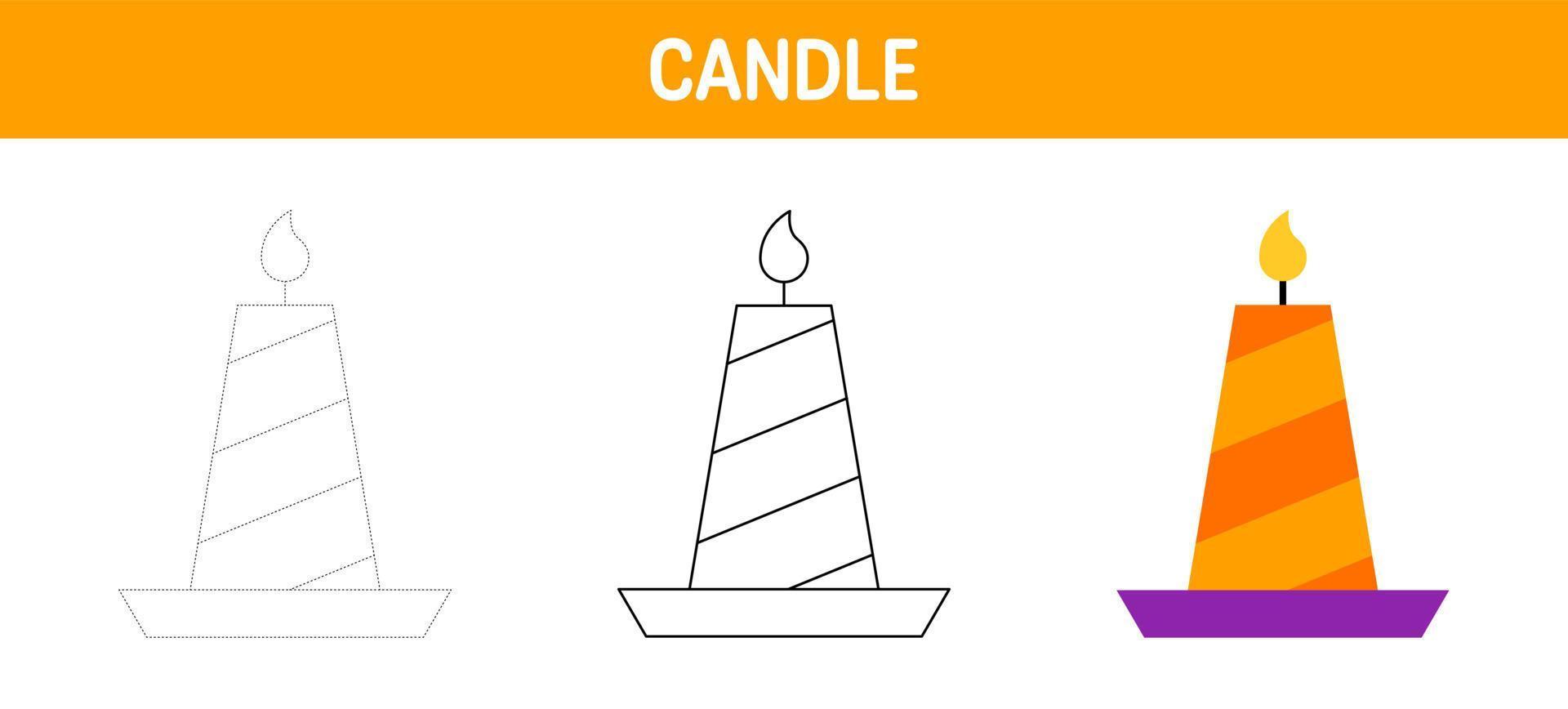 Candle tracing and coloring worksheet for kids vector