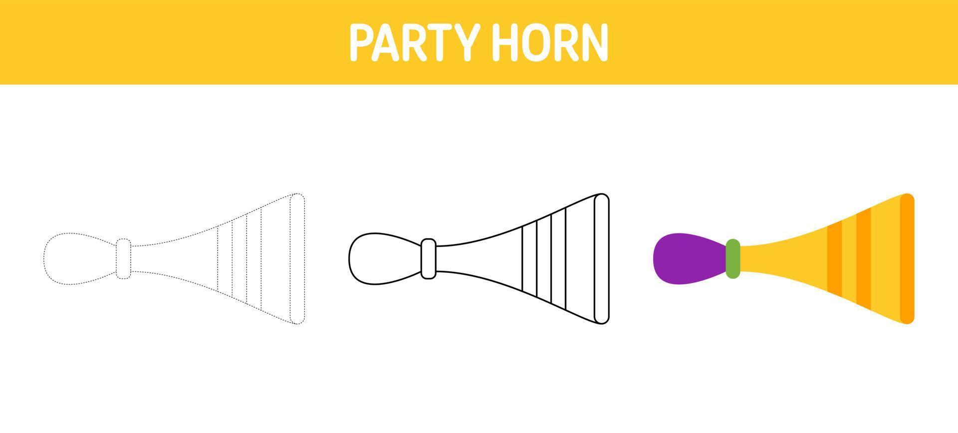 Party Horn tracing and coloring worksheet for kids vector