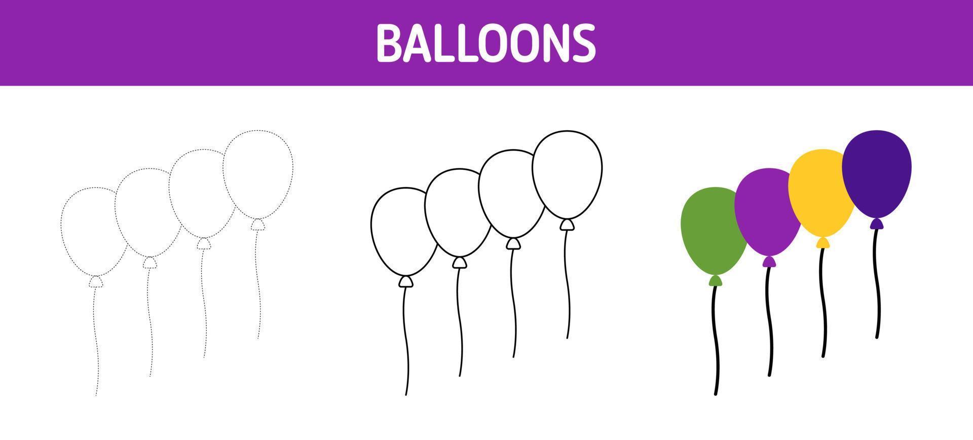 Balloons tracing and coloring worksheet for kids vector