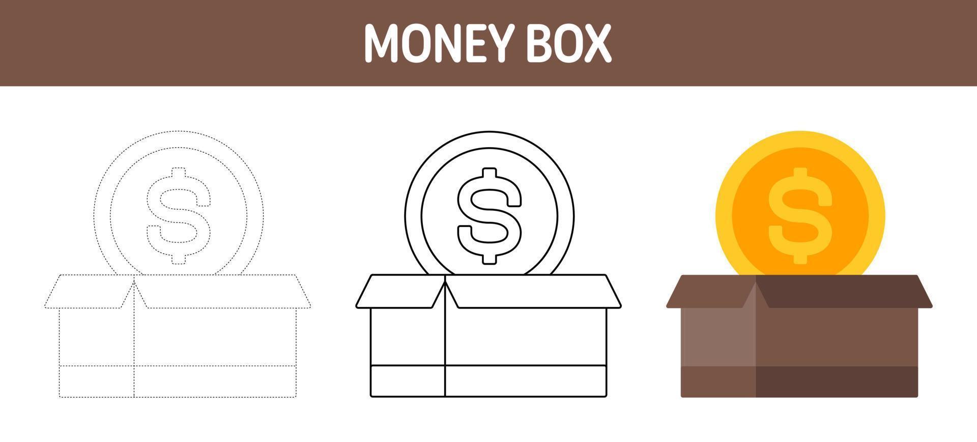 Money Box tracing and coloring worksheet for kids vector