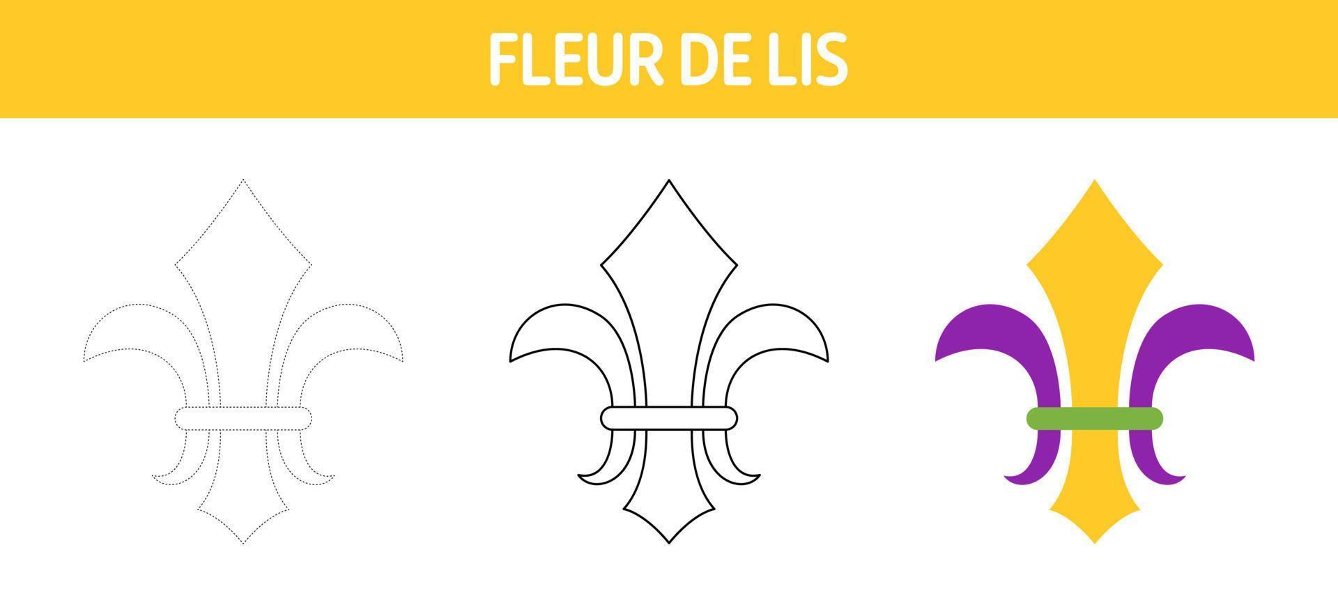 Fleur De Lis tracing and coloring worksheet for kids vector