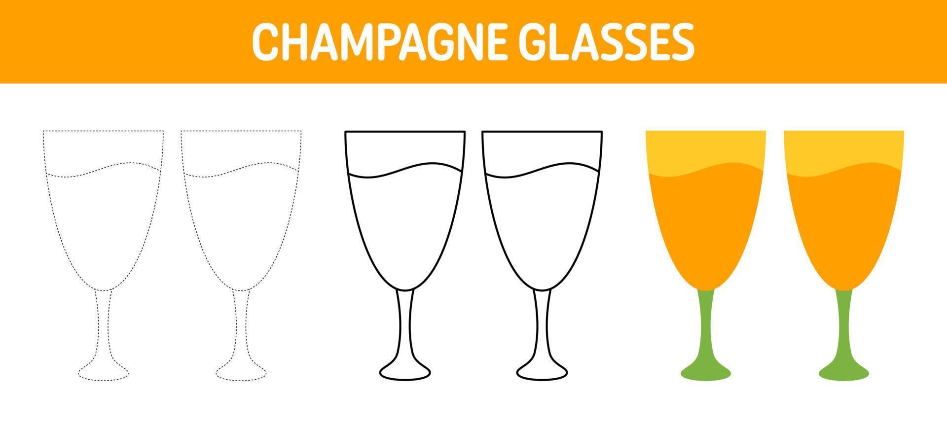 Champagne Glasses tracing and coloring worksheet for kids vector