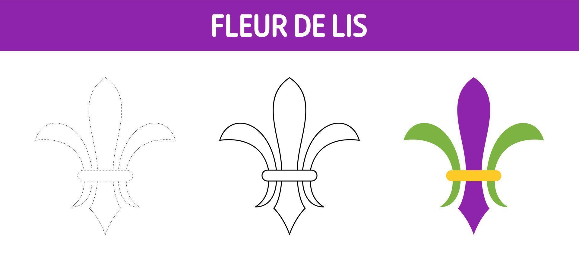 Fleur De Lis tracing and coloring worksheet for kids vector