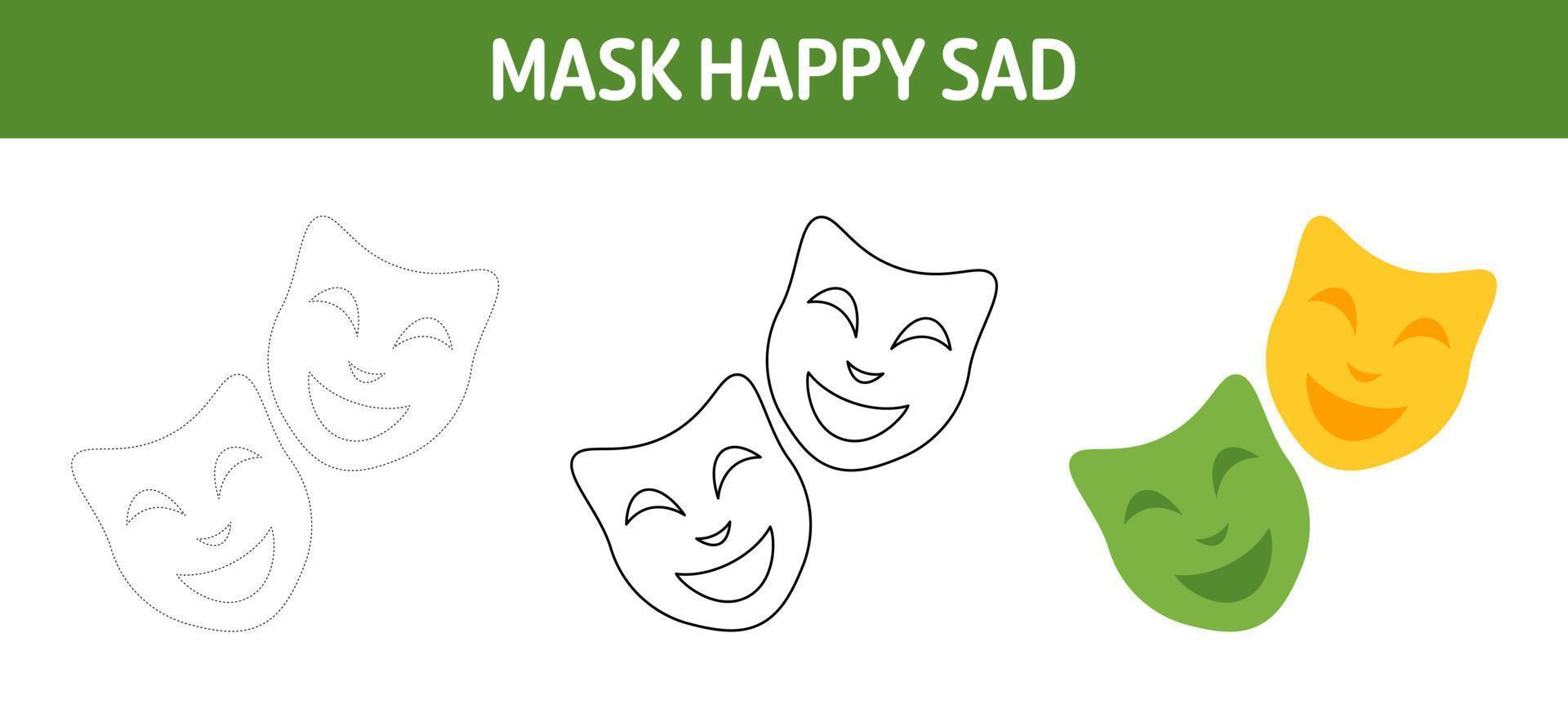 Mask Happy Sad tracing and coloring worksheet for kids vector