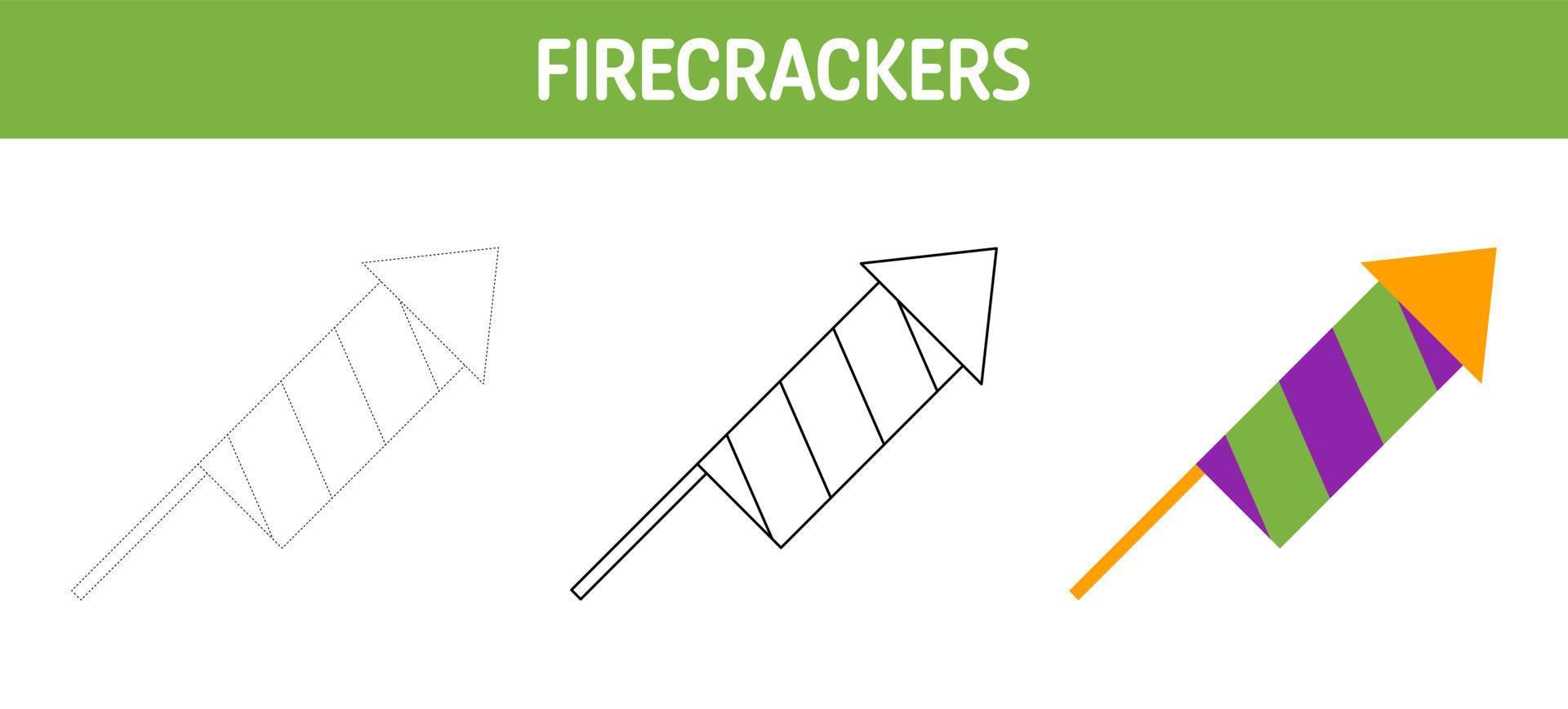 Firecrackers tracing and coloring worksheet for kids vector