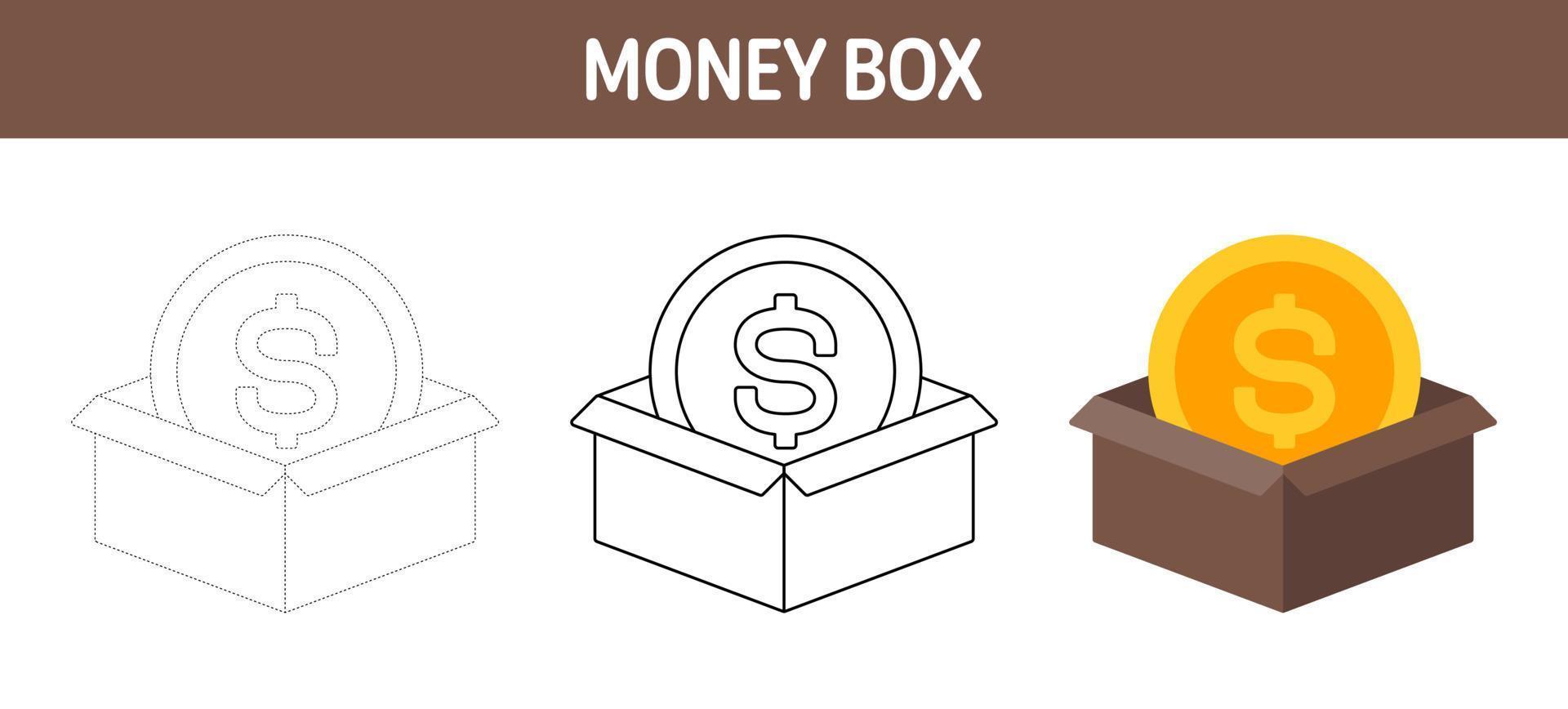 Money Box tracing and coloring worksheet for kids vector