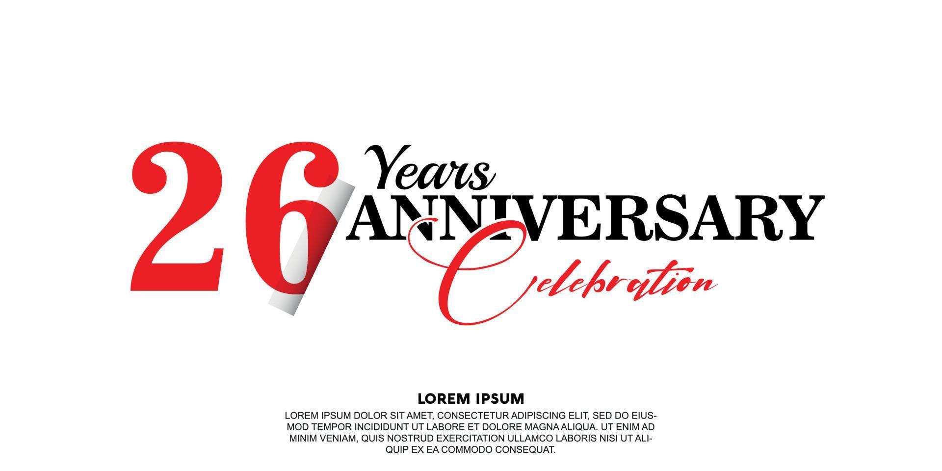 26 year anniversary celebration logo vector design with red and black color on white background abstract