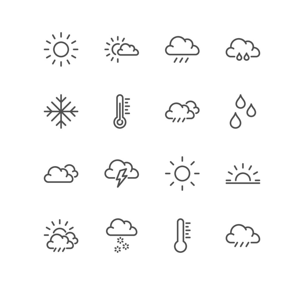 Set of weather related icons, wind, blizzard, sun, rain, clouds and linear variety vectors. vector