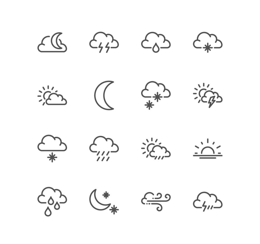 Set of weather related icons, wind, blizzard, sun, rain, clouds and linear variety vectors. vector