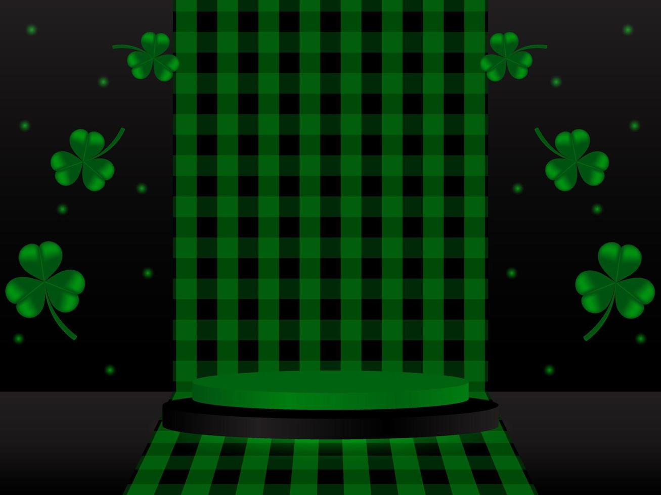 Realistic black and green 3D cylinder pedestal podium on checkered background with clover leaf around it. Minimal stage for product demonstration, advertising display vector