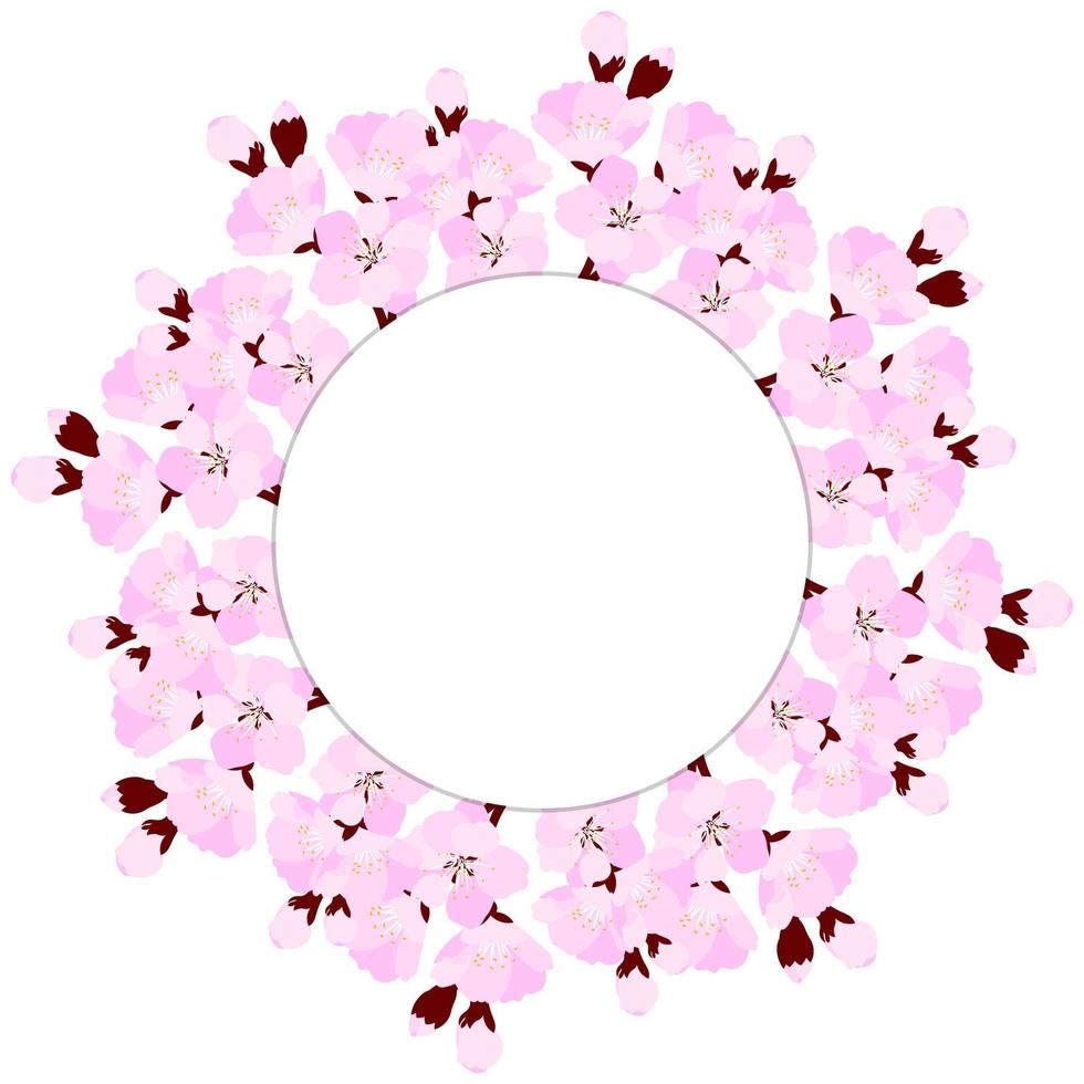 Round frame with cherry blossom with place for text. Template for greeting card or wedding invitation. Romantic spring design. Vector illustration