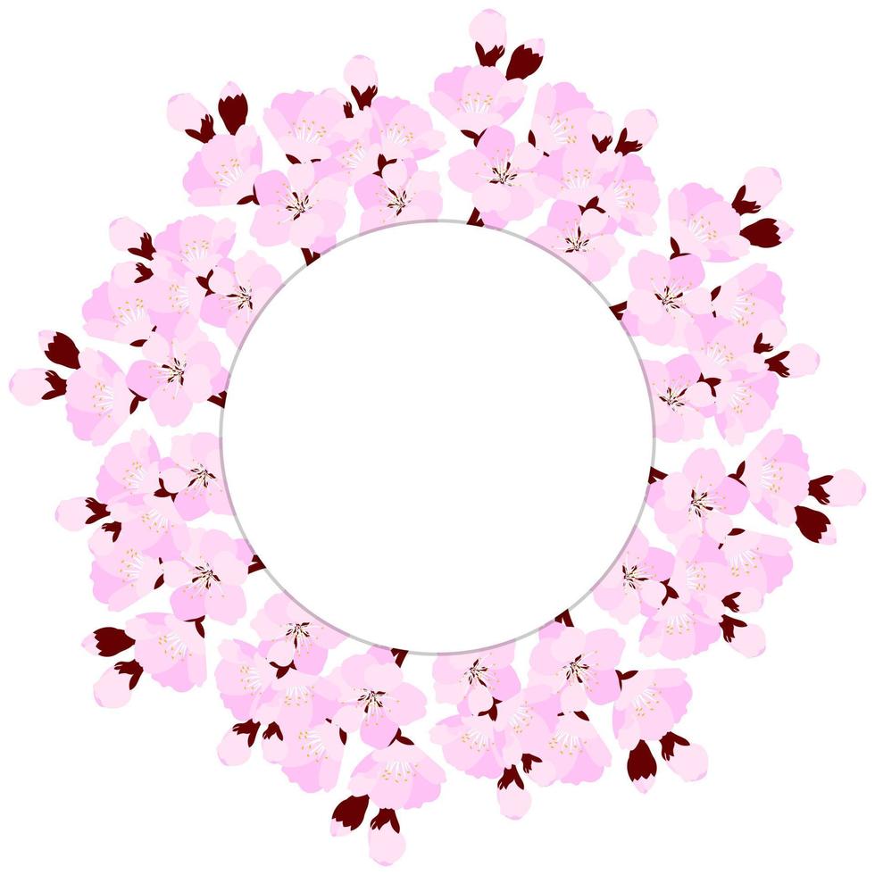 Round frame with cherry blossom with place for text. Template for greeting card or wedding invitation. Romantic spring design. Vector illustration