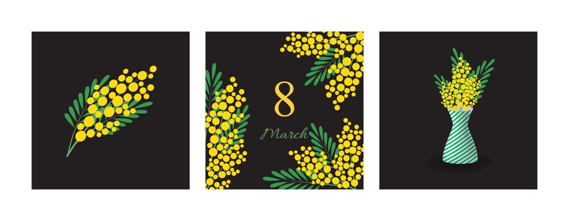 A set of cards with a mimosa. For congratulations on World Women's Day, spring cards. Cute modern design. Vector illustration