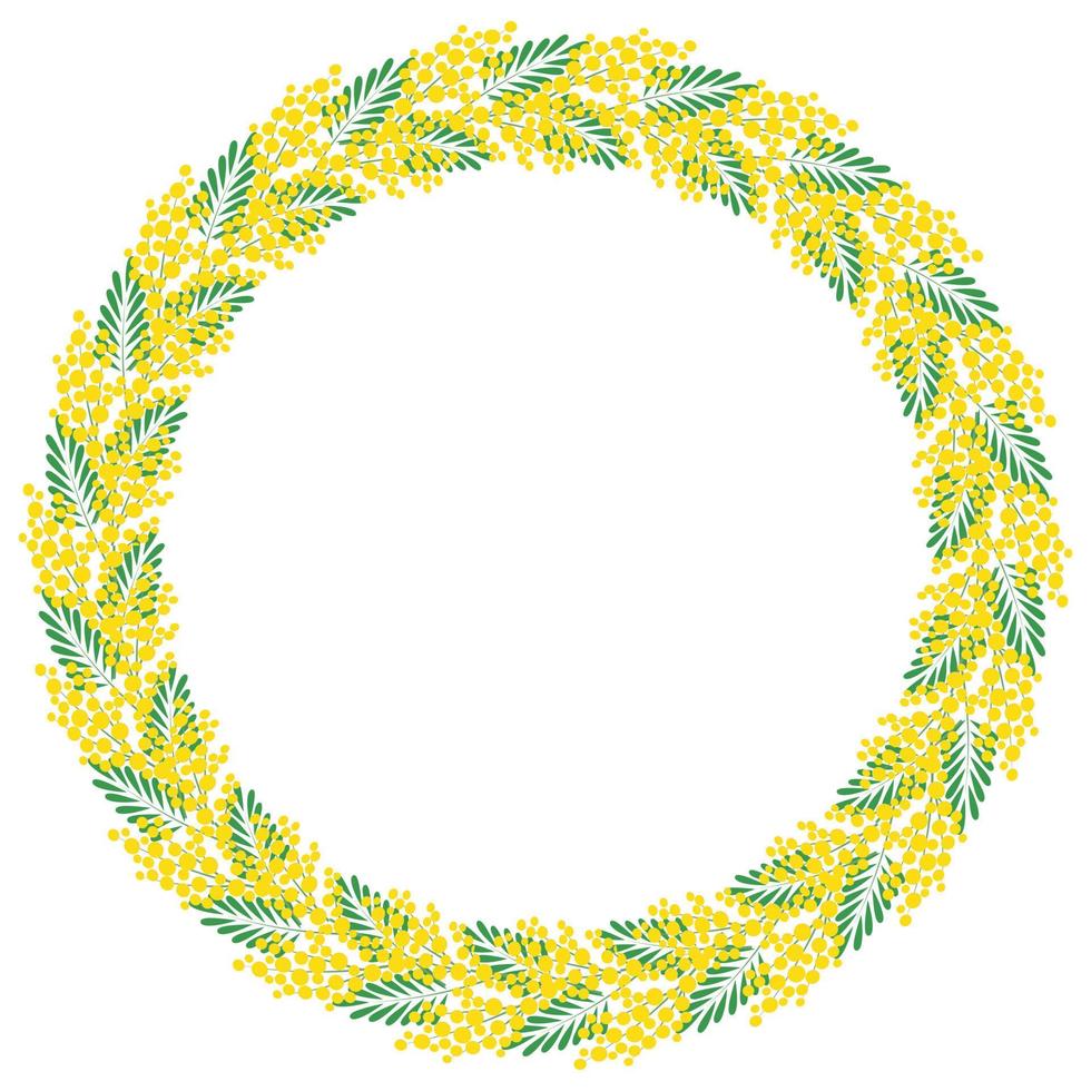 Decorative floral circular frame. Frame made of branches of a blooming mimosa. Template for postcard, invitation, greeting card. Vector illustration