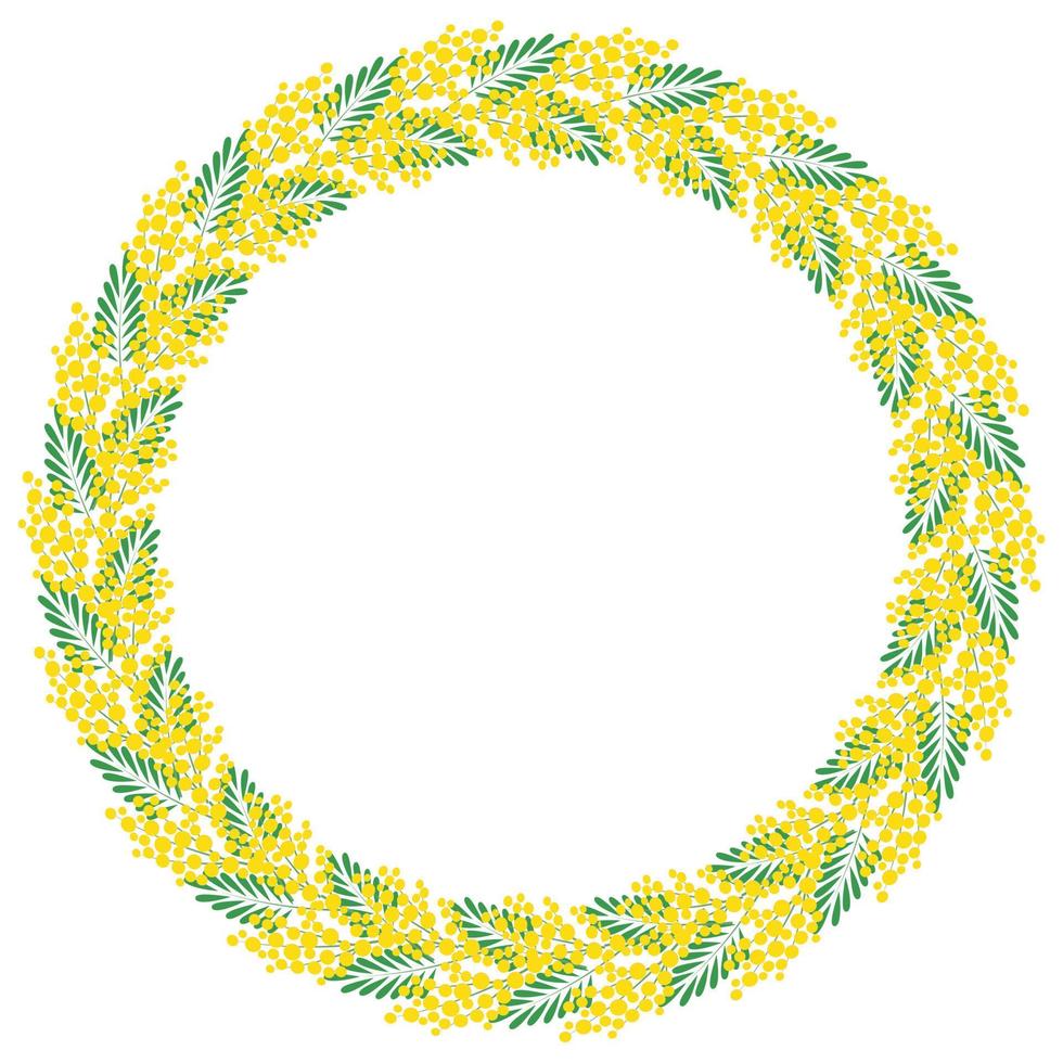 Decorative floral circular frame. Frame made of branches of a blooming mimosa. Template for postcard, invitation, greeting card. Vector illustration