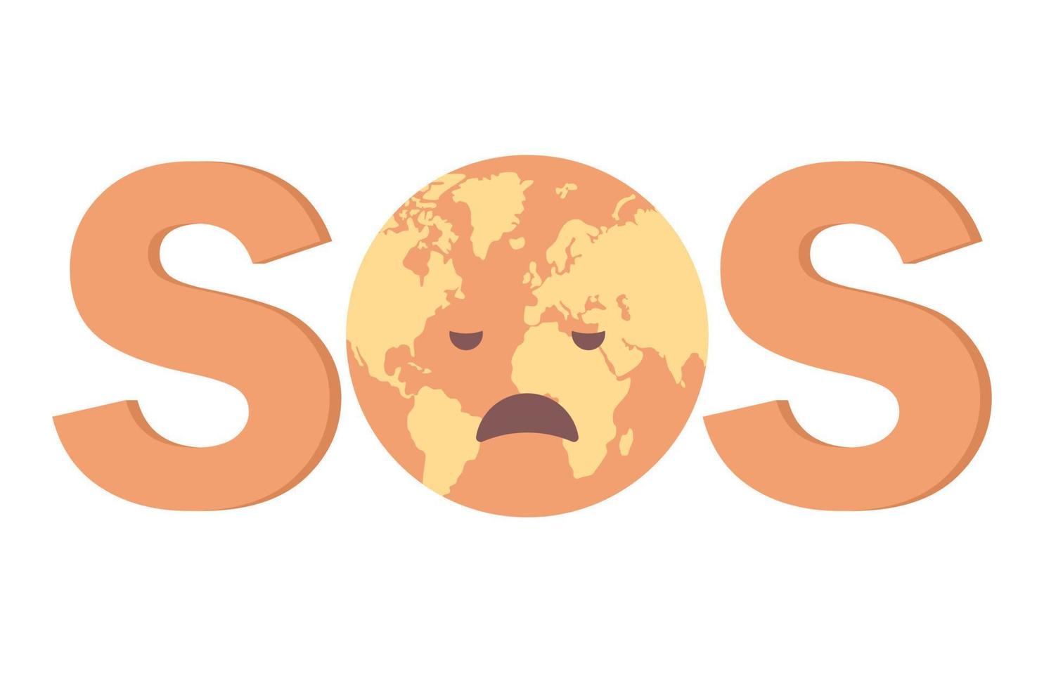 SOS text with Planet Earth. Climate change. Global warming concept. Save world. Ecology hazards, air pollution. Vector flat illustration