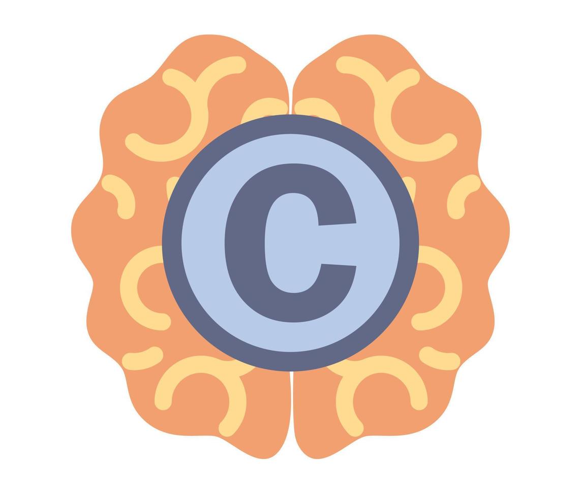 Copyright icon. Intellectual property symbol in brain. Trading data licenses. Protecting idea's legal information with trademark. Vector flat illustration