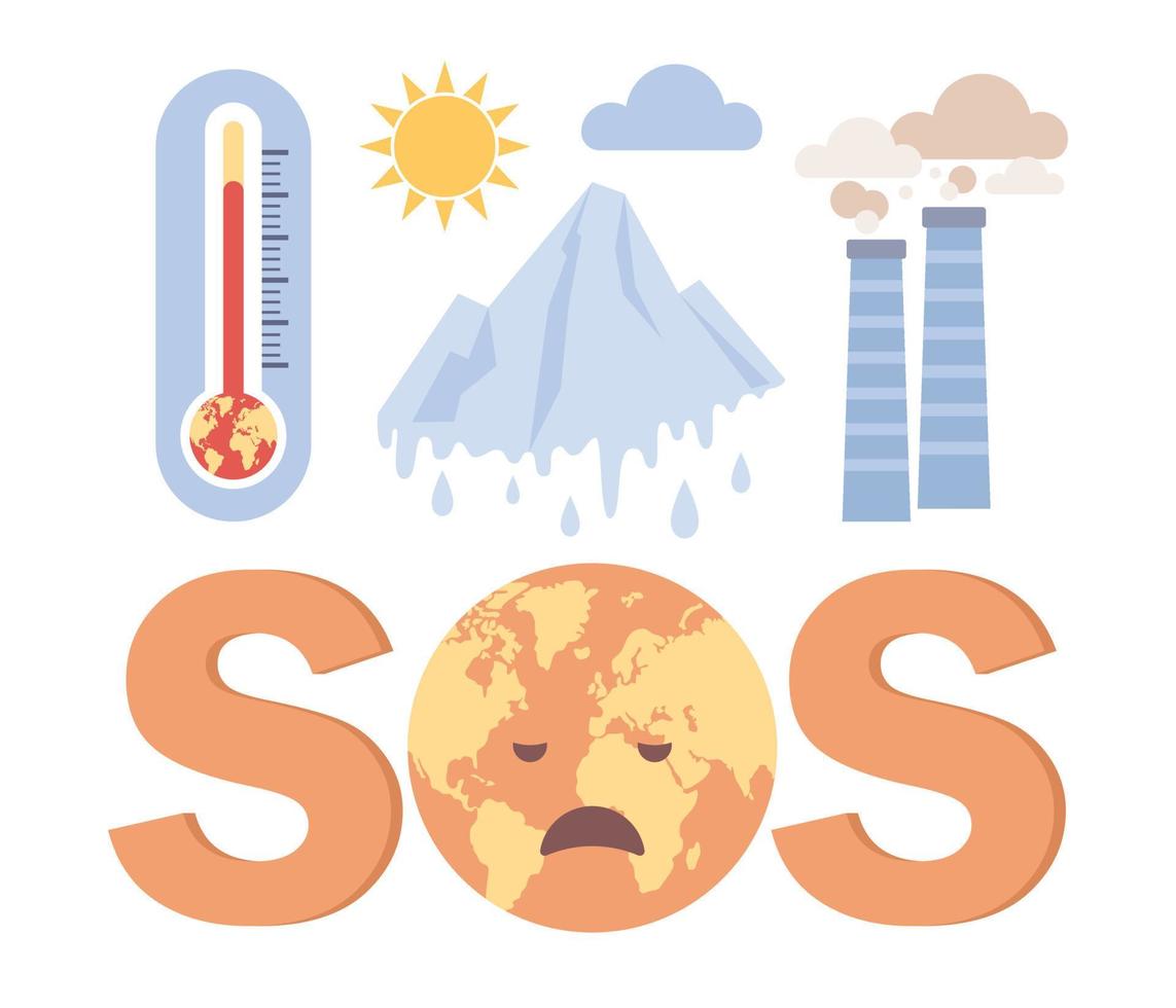 Climate change set. SOS text with Planet Earth. Global warming thermometer. Ecology hazards, air pollution. Save world. Vector flat illustration