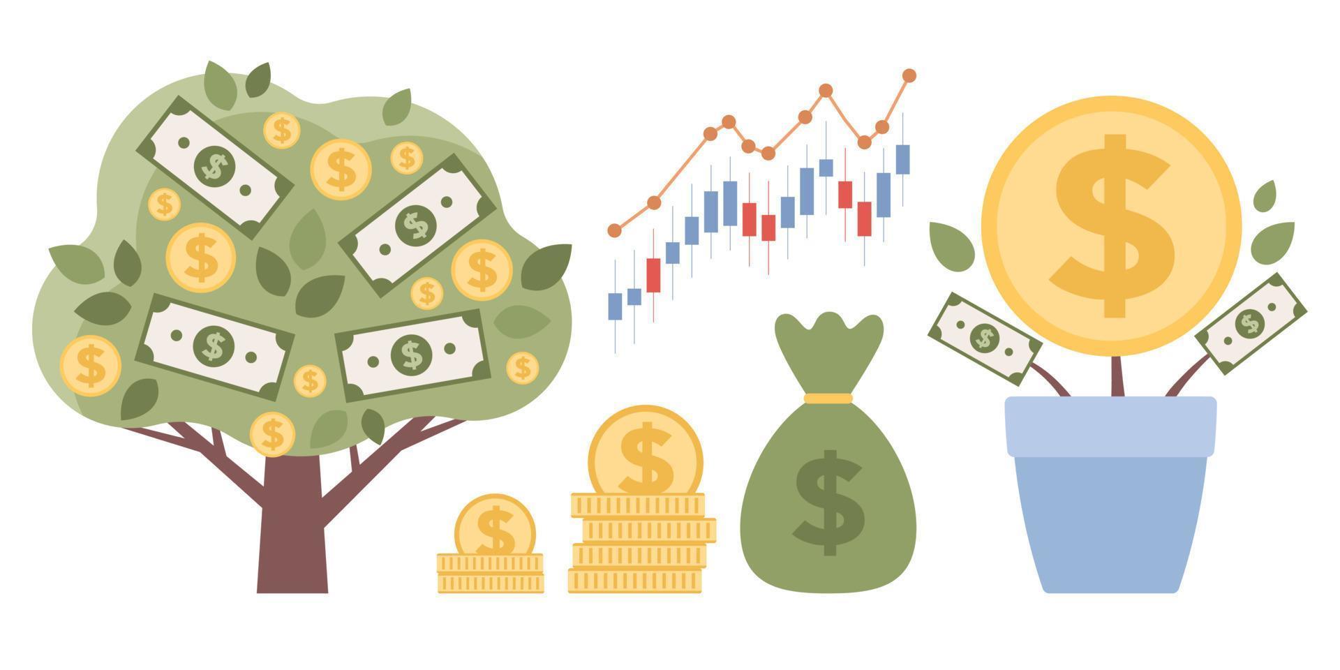 Investment signs. Financial icon set. Investing money in stock market. Business concept. Financial management, money savings and deposit growth concept. Money tree. Vector flat illustration