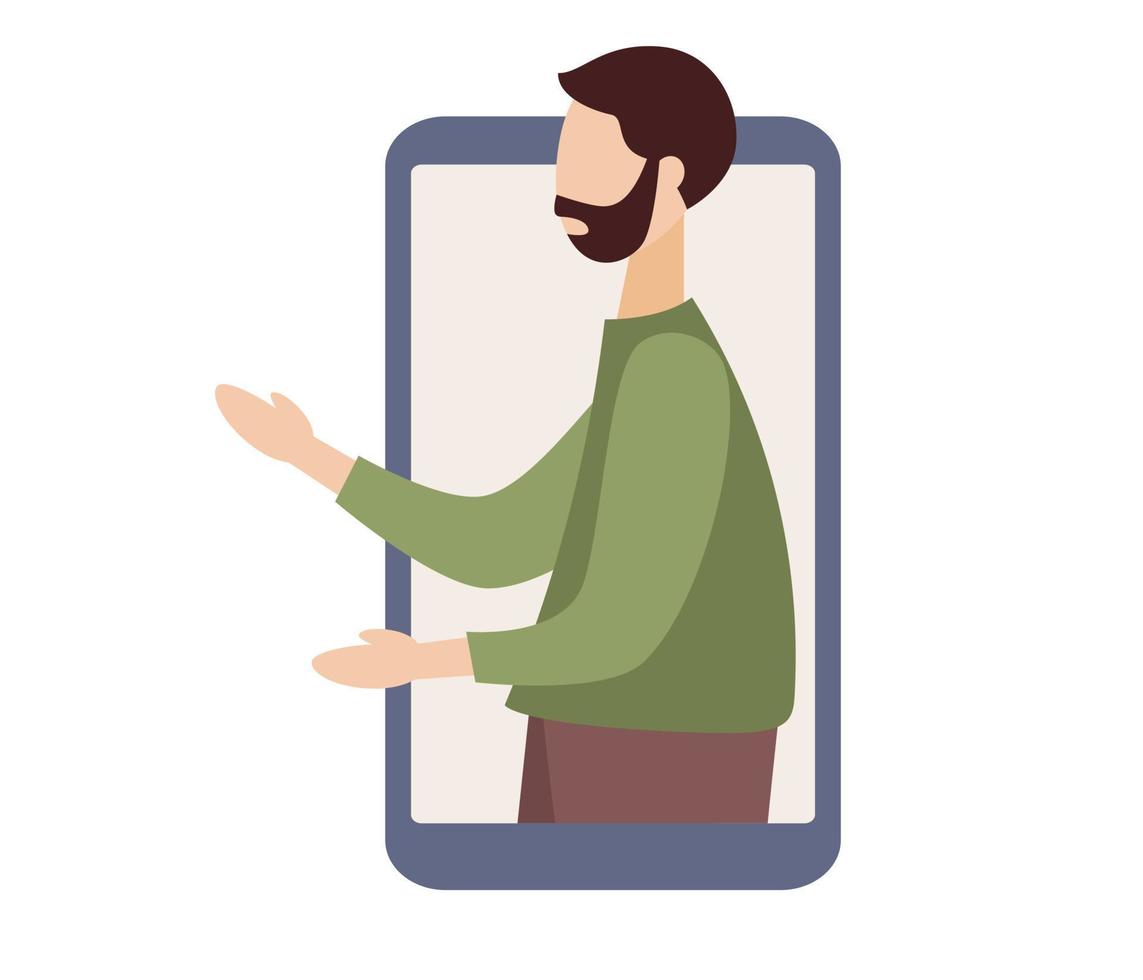 Man on smartphone screen. Face on display telephone. Blogger in mobile phone. Different social media icon. Vector flat illustration