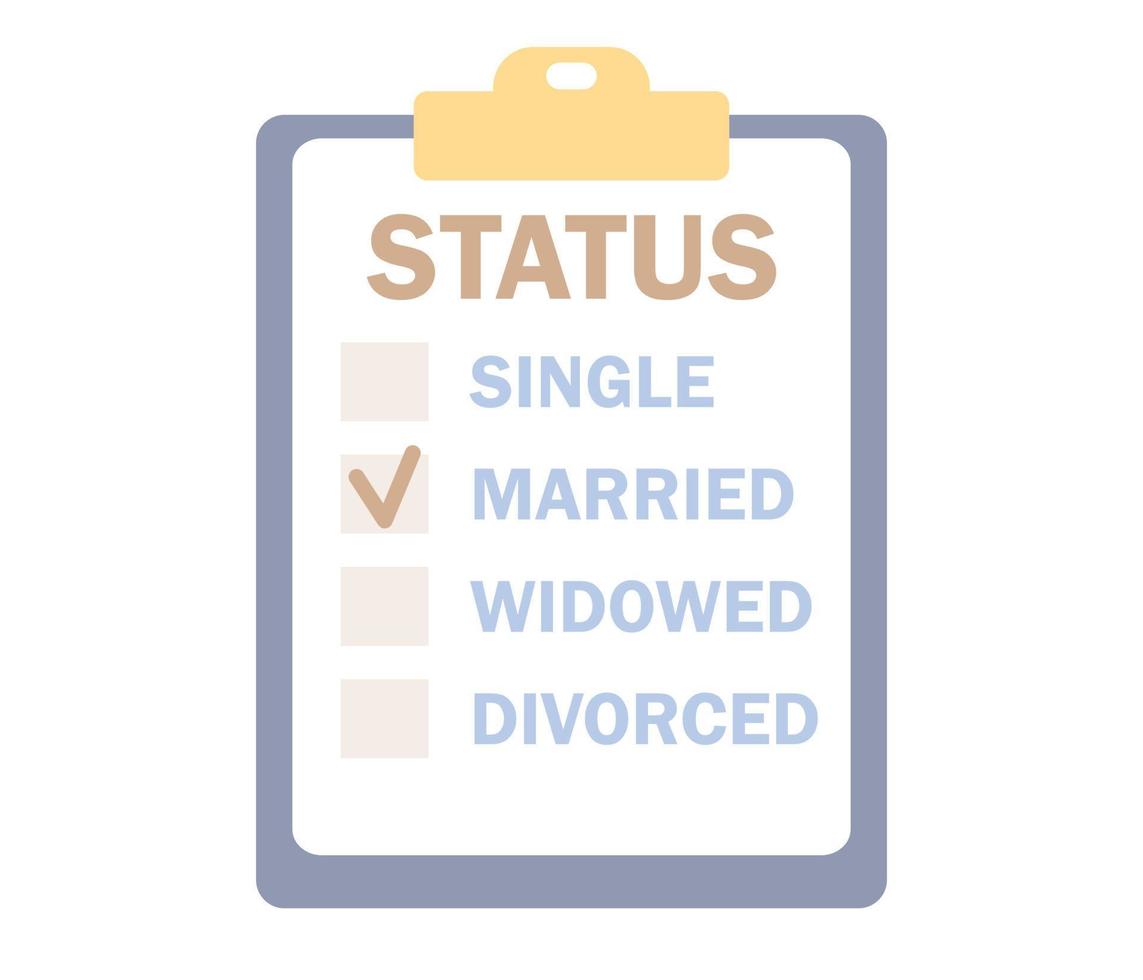 Marital status of people. Checkbox list with single, married, widowed and divorced options. Wedding and relationship concept. Vector flat illustration