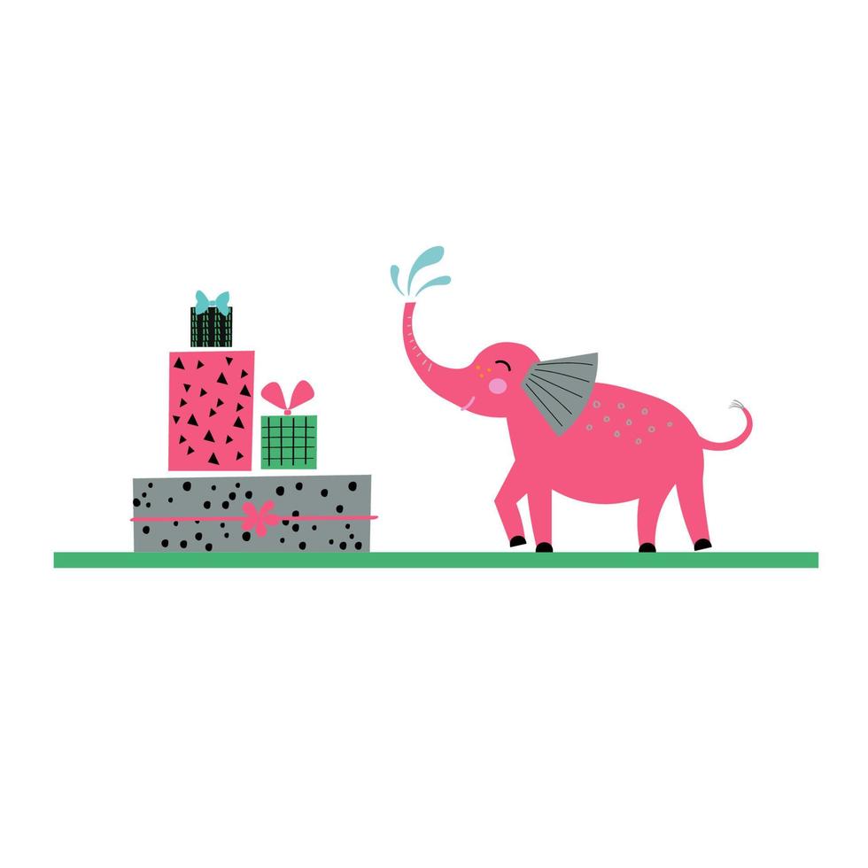 Discounts, Black Friday. Pink elephant with gift boxes on an isolated white background. Cute flat illustration with joyful animal. Vector