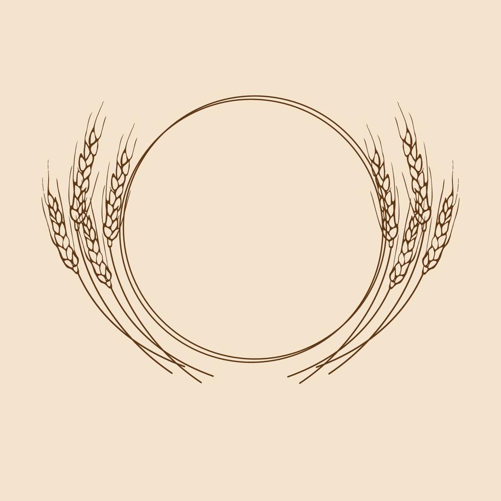 Wreath frame from ears of wheat.A bunch of ears of wheat,dried whole grains.Cereal harvest,agriculture,organic farming,healthy food symbol.Ears of wheat hand drawn.Design element. Vector