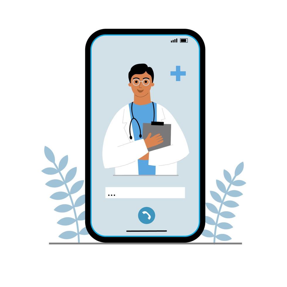 Doctor online. Smartphone screen with therapist chatting in messenger and online consultation. Vector flat illustration. Ask or call your doctor. Online medical consultation, telemedicine.Vector