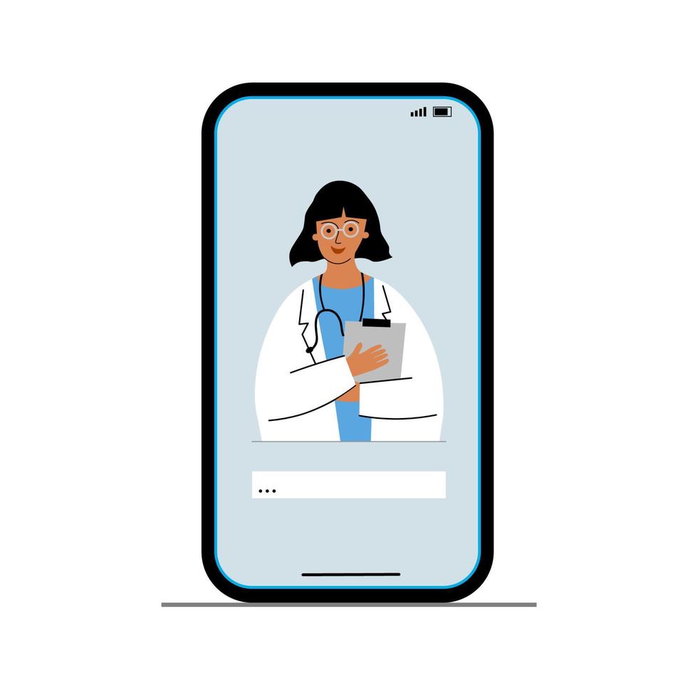 Doctor online. Smartphone screen with therapist chatting in messenger and online consultation. Vector flat illustration. Ask or call your doctor. Online medical consultation, telemedicine, cardiology.