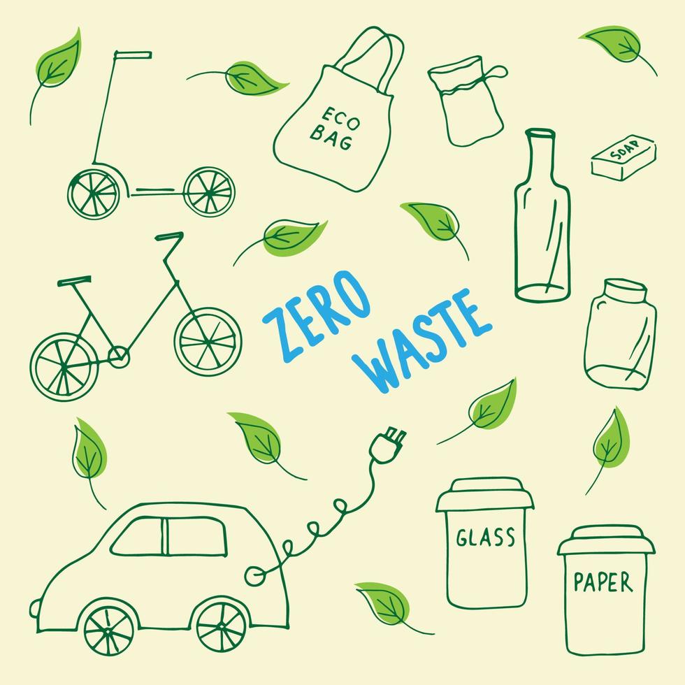 Zero waste concept with ecological objects and lettering. Shopping bag, container, bottle, can, electric car, bicycle, scooter, soap. Doodle. Vector
