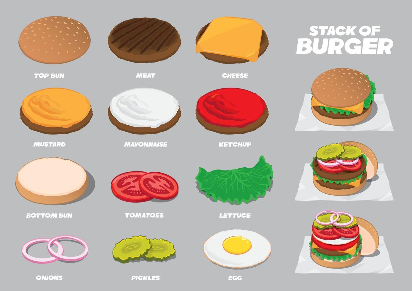 Stack layer of Burger's ingredient topping that can be customized vector