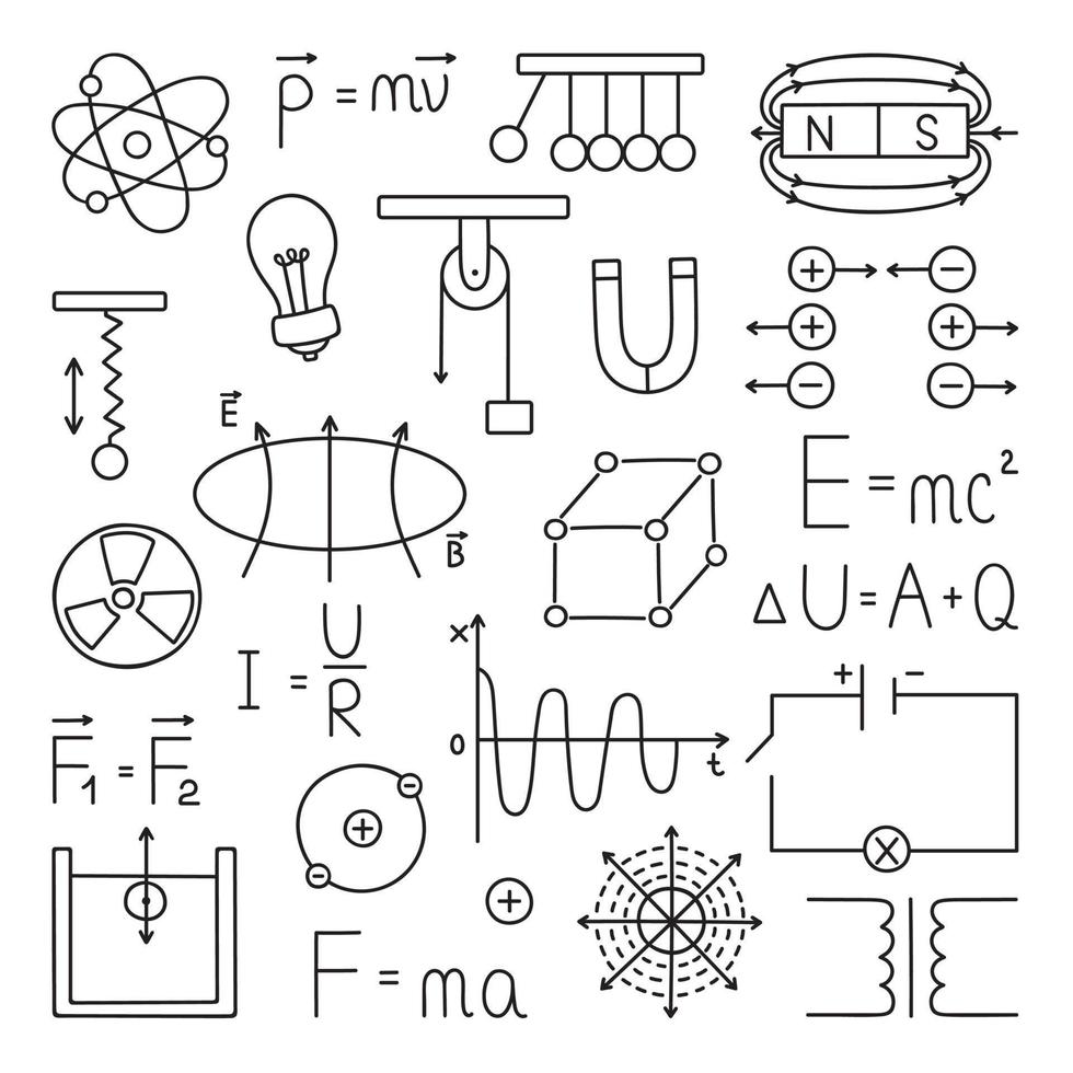 Physics doodle set. Education and study concept. School equipment, formulas, schemes in sketch style. Vector illustration isolated on white background