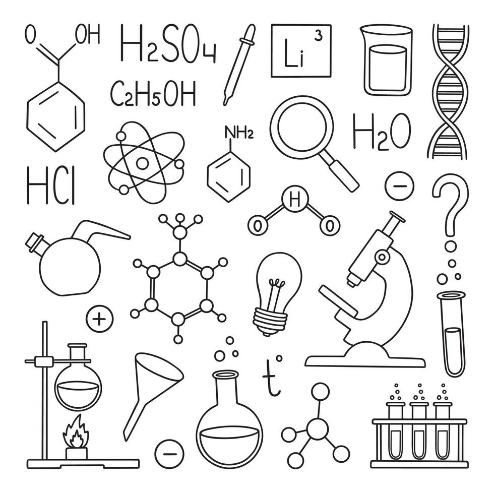 Chemistry doodle set. Chemical laboratory equipment in sketch style. Flasks, formulas, microscope, burner Hand drawn vector illustration isolated on white background