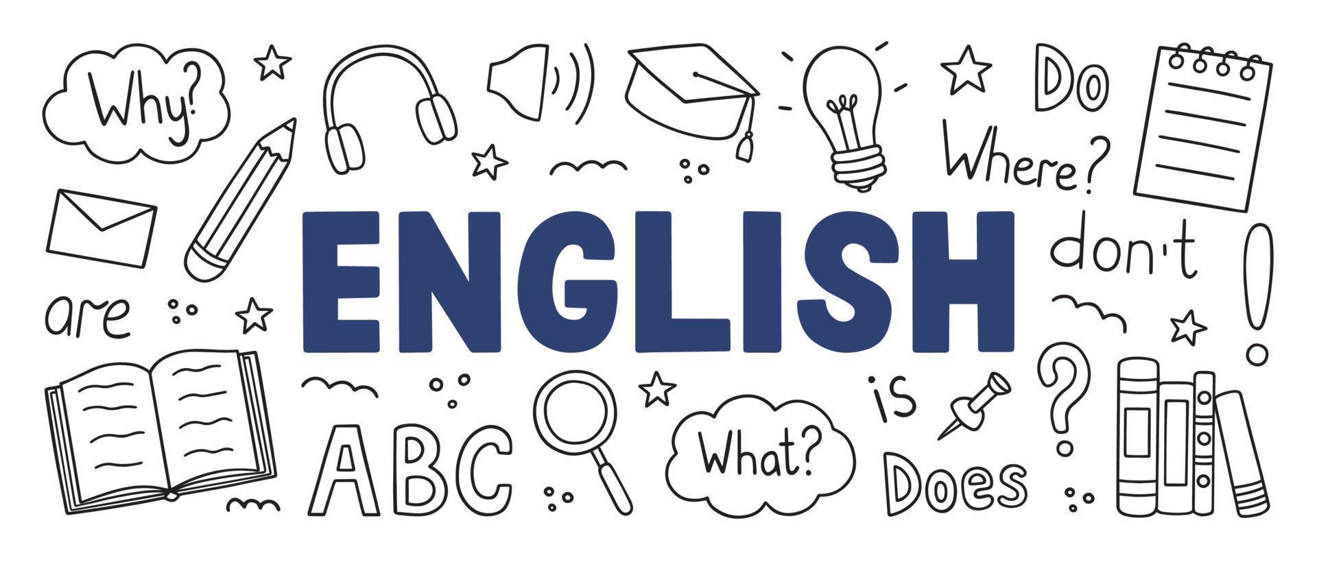 Learning English doodle set. Language school in sketch style. Online