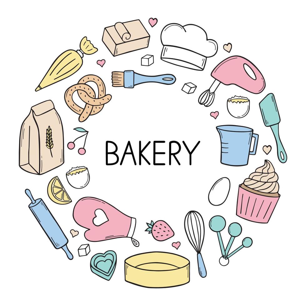Bakery doodle set. Cooking elements. Mixer, butter, flour, spoon, whisk in sketch style.  Hand drawn vector illustration isolated on white background.