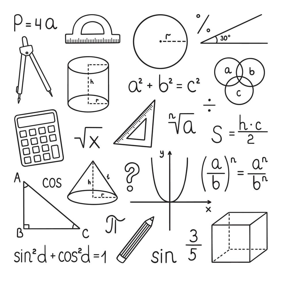 Mathematics doodle set. Education and study concept. School equipment, maths formulas in sketch style. Hand drawn ector illustration isolated on white background vector