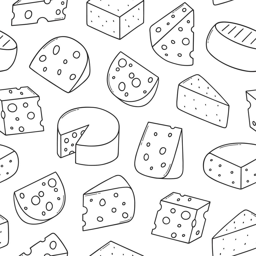 Seamless pattern of cheese doodle set. Cheese types in sketch style.  Hand drawn vector illustration