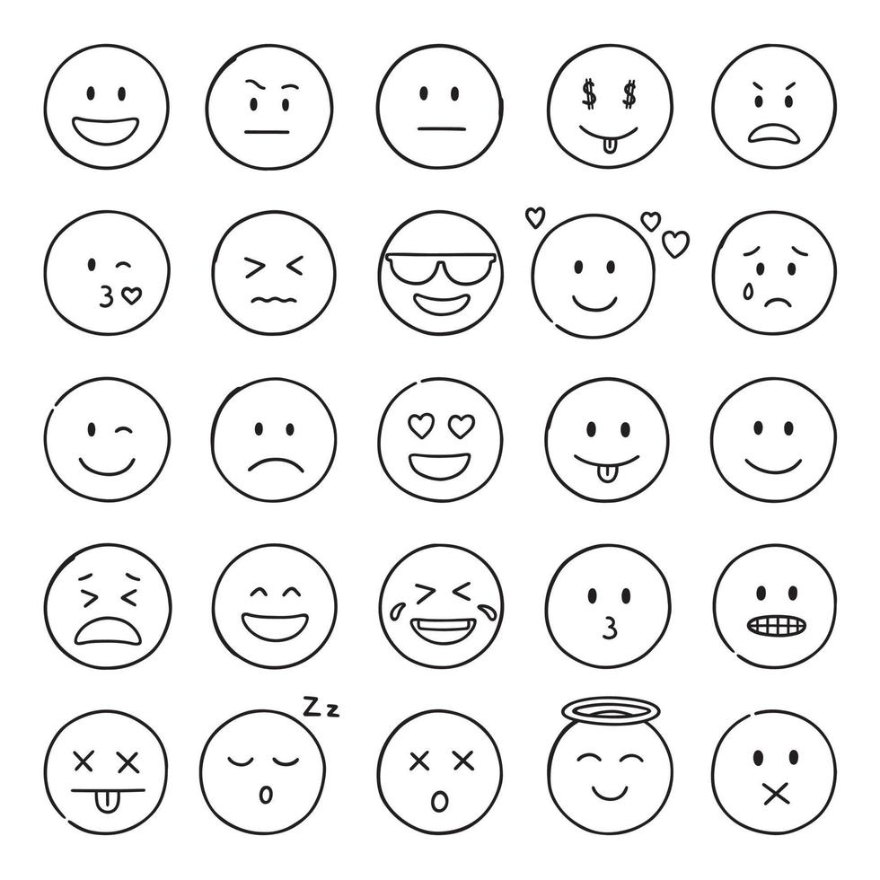 Emoji doodle icons. Set of happy, sad, smiling faces. Funny emoticons in sketch style.  Hand drawn vector illustration isolated on white background