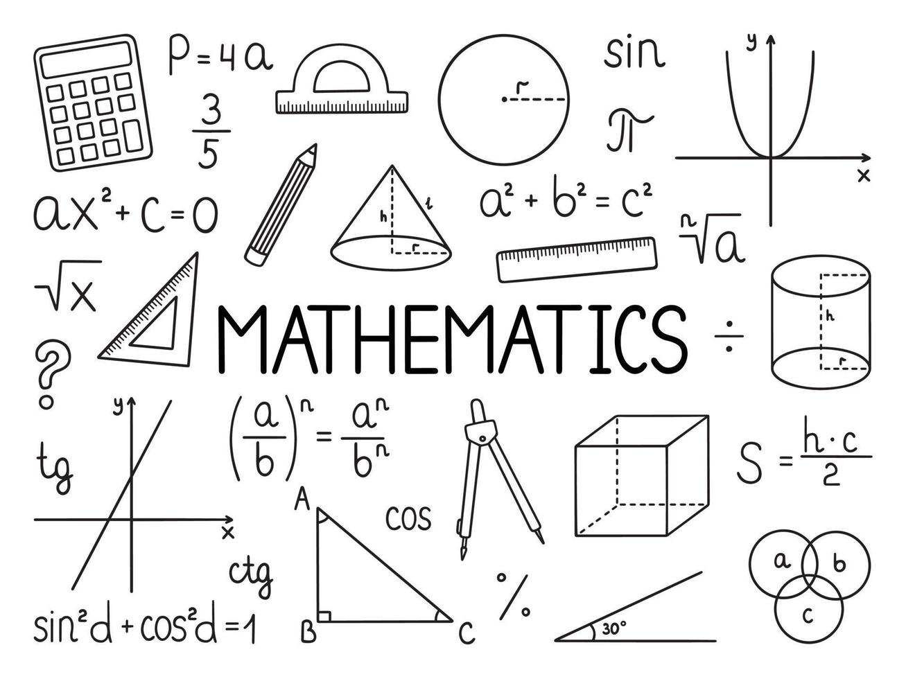 Mathematics doodle set. Education and study concept. School equipment, maths formulas in sketch style. Hand drawn ector illustration isolated on white background vector