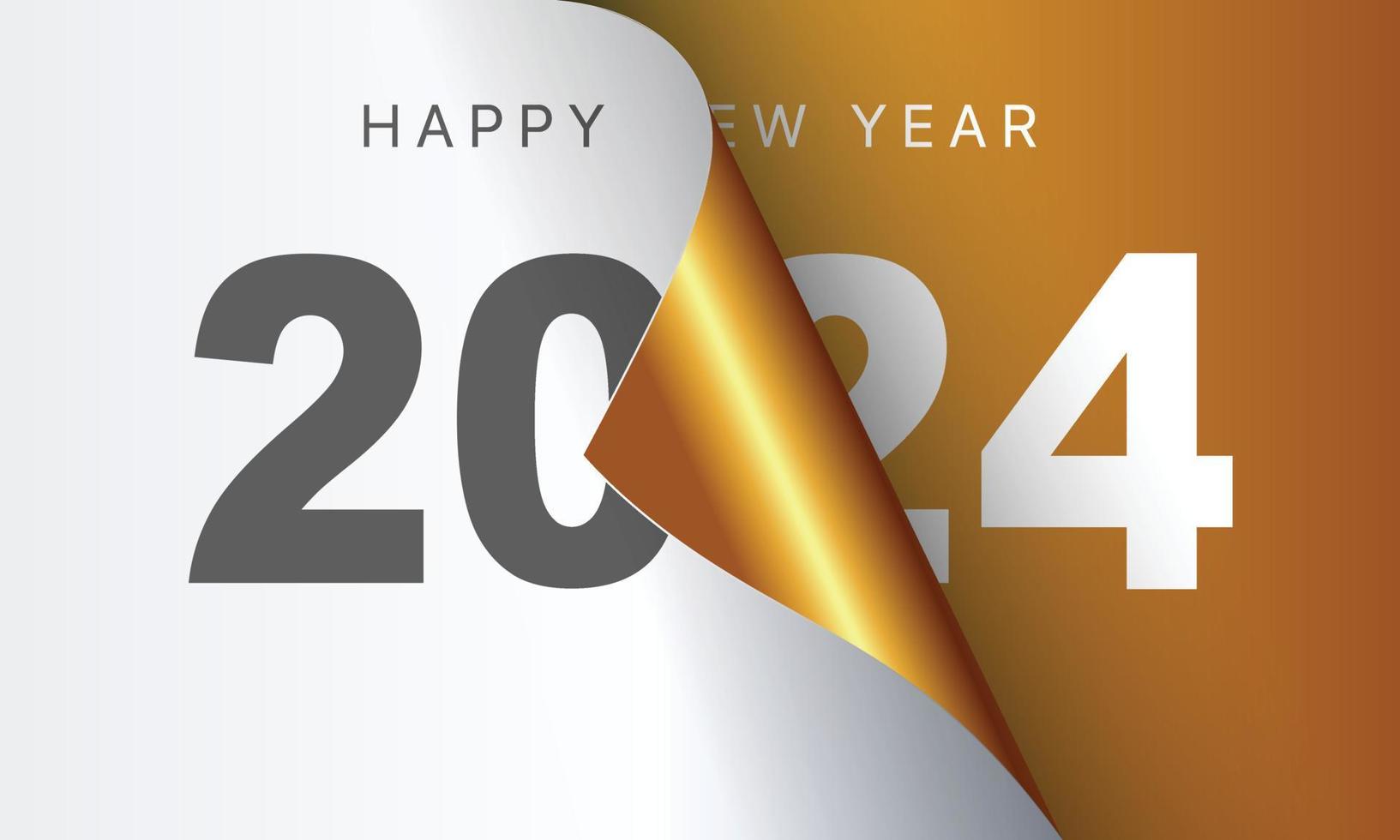 Happy New Year 2024 greeting card design template. End of 2023 and beginning of 2024. The concept of the beginning of the New Year. The calendar page turns over and the new year begins. vector