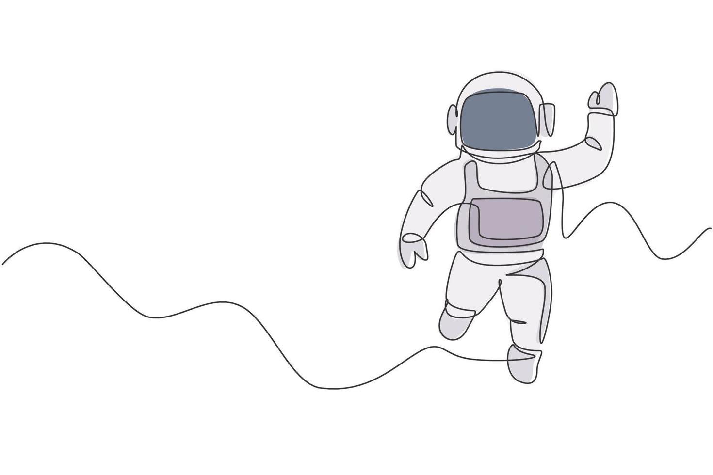 Single continuous line drawing of young cosmonaut scientist discovering spacewalk universe in vintage style. Astronaut cosmic traveler concept. Trendy one line draw graphic design vector illustration