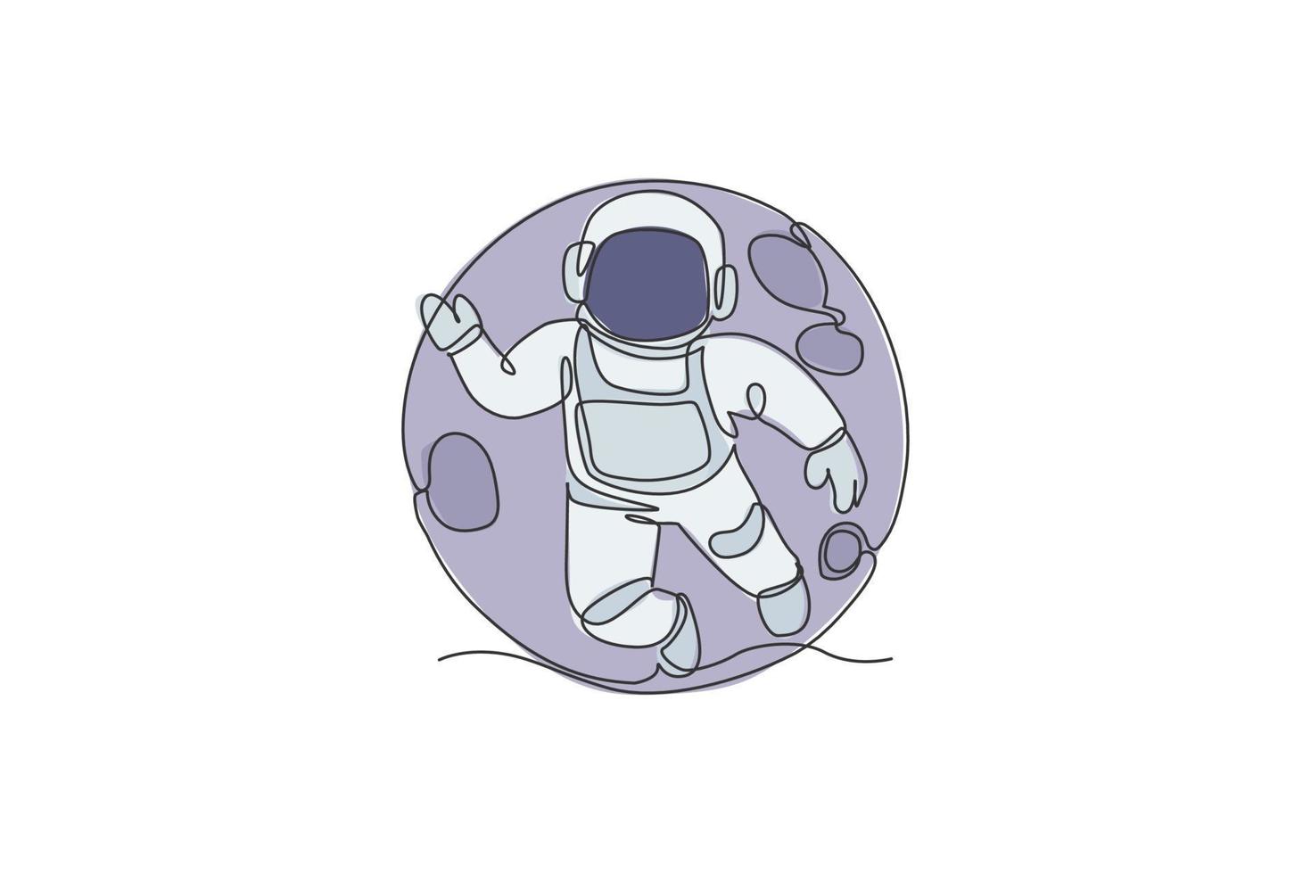 Single continuous line drawing of floating science astronaut in spacewalk flying against full moon. Fantasy deep space exploration, fiction concept. Trendy one line draw design vector illustration