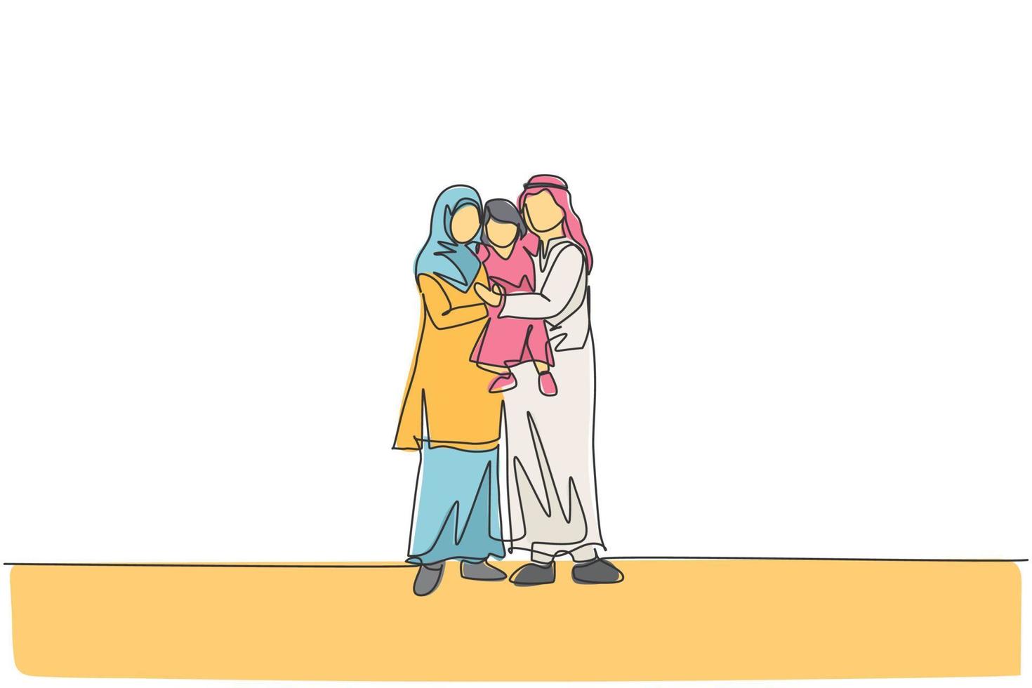 One single line drawing of young happy Arabian mom and dad lifting and hugging their daughter girl together vector illustration. Muslim happy family parenting concept. Continuous line draw design