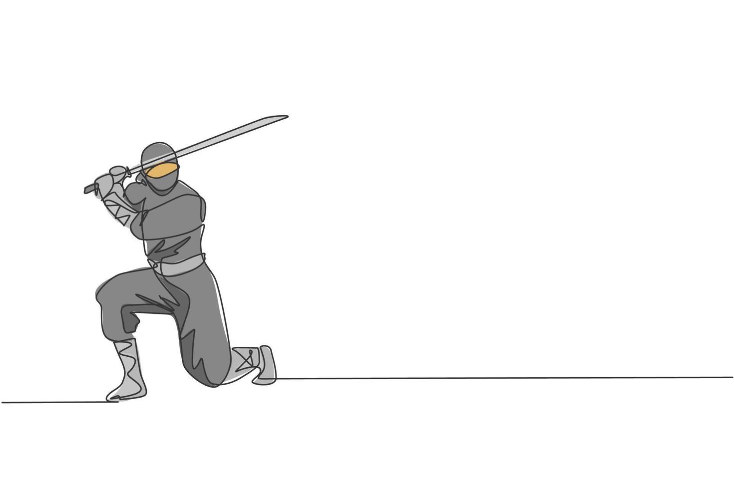 un dibujo de línea continua del joven y valiente personaje ninja japonés con traje negro con posición de ataque. concepto de lucha de artes marciales. Ilustración gráfica de vector de diseño de dibujo de línea única dinámica