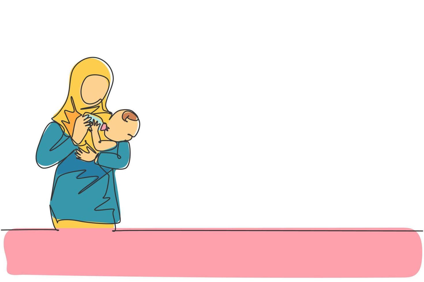 Single continuous line drawing of young Islamic mother hugging and feeding healthy food to her infant baby. Arabian muslim happy family motherhood concept. One line draw design vector illustration
