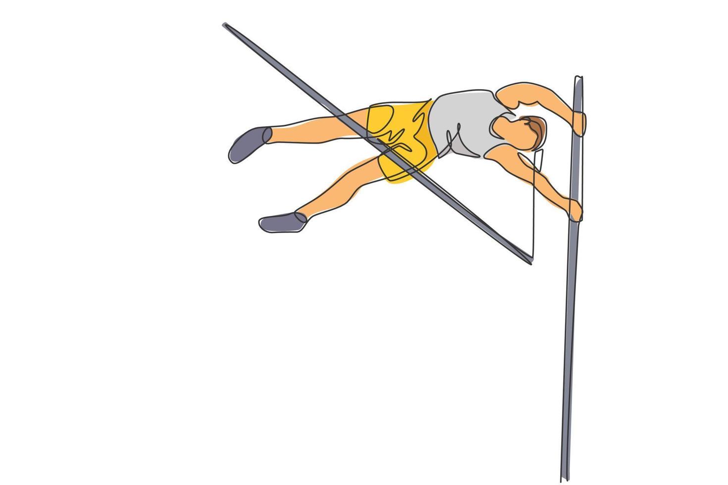 One single line drawing of young energetic woman exercise to pass the bar on pole vault game vector illustration. Healthy athletic sport concept. Competition event. Modern continuous line draw design
