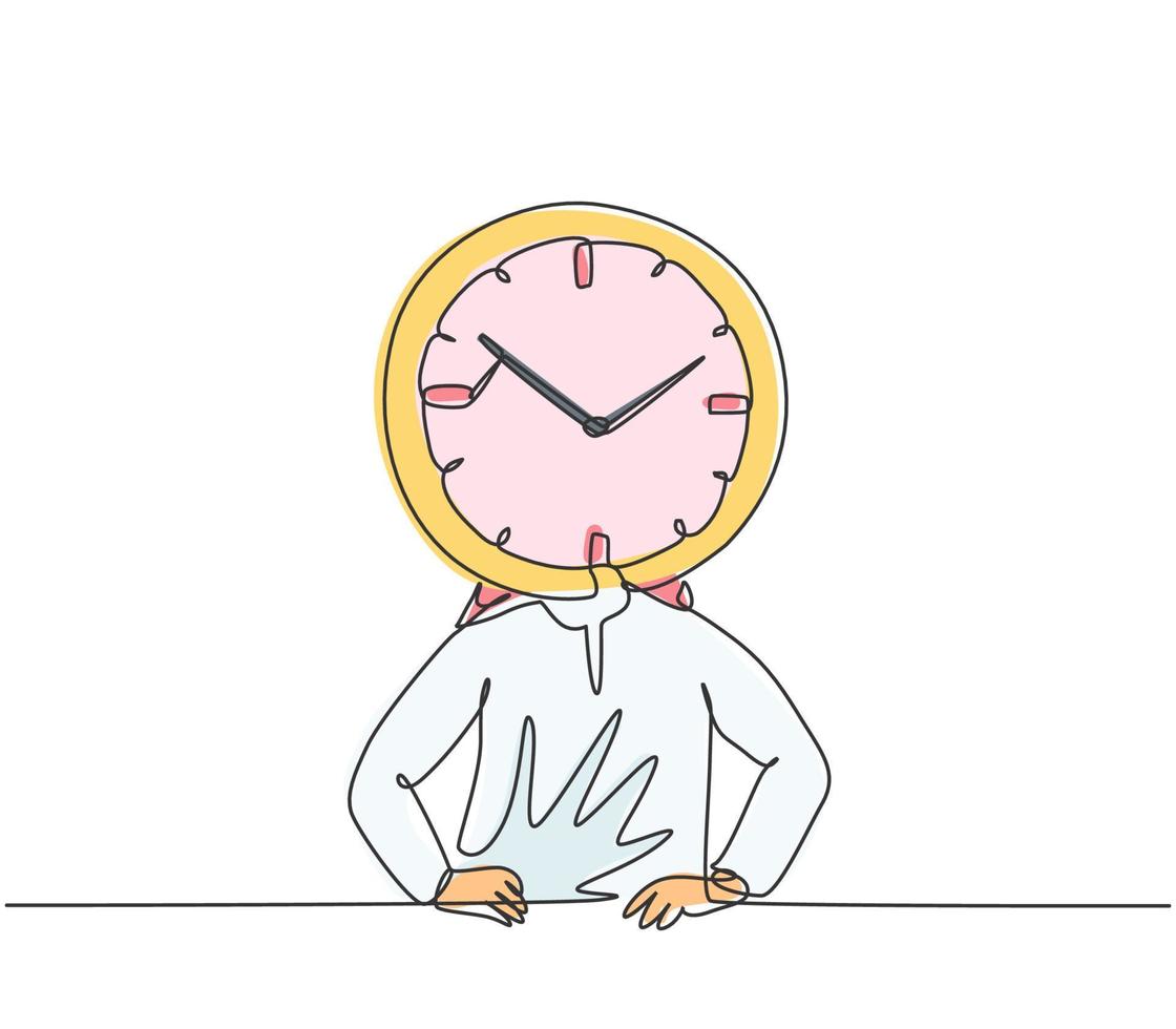 Single one line drawing of young Arabian business man with analog clock head at the office. Business time discipline metaphor concept. Modern continuous line draw design graphic vector illustration.