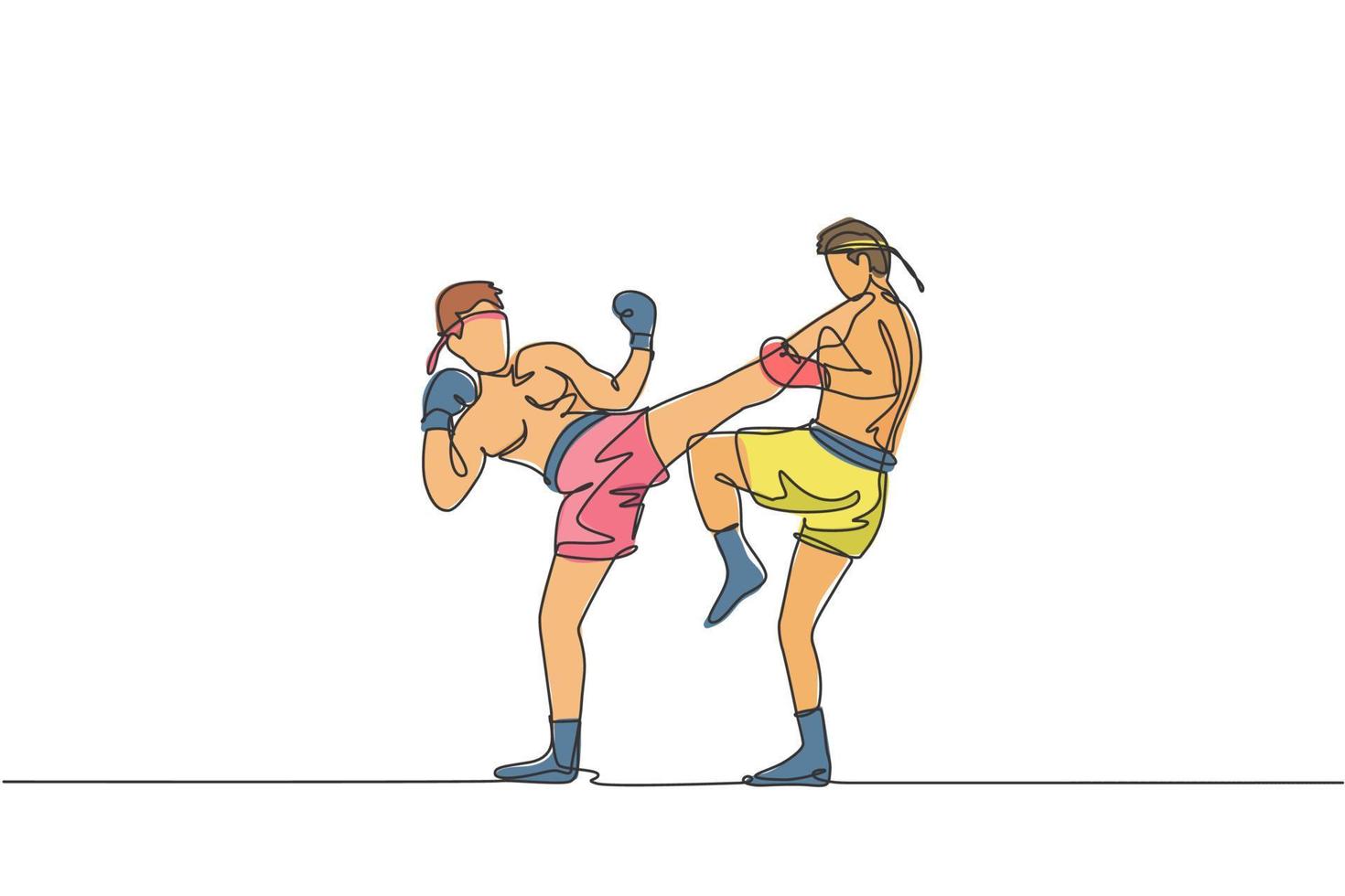 un dibujo de una sola línea de dos jóvenes luchadores de muay thai enérgicos entrenan para duelo en el gimnasio ilustración vectorial del centro de fitness. concepto de deporte de boxeo tailandés combativo. diseño moderno de dibujo de línea continua vector