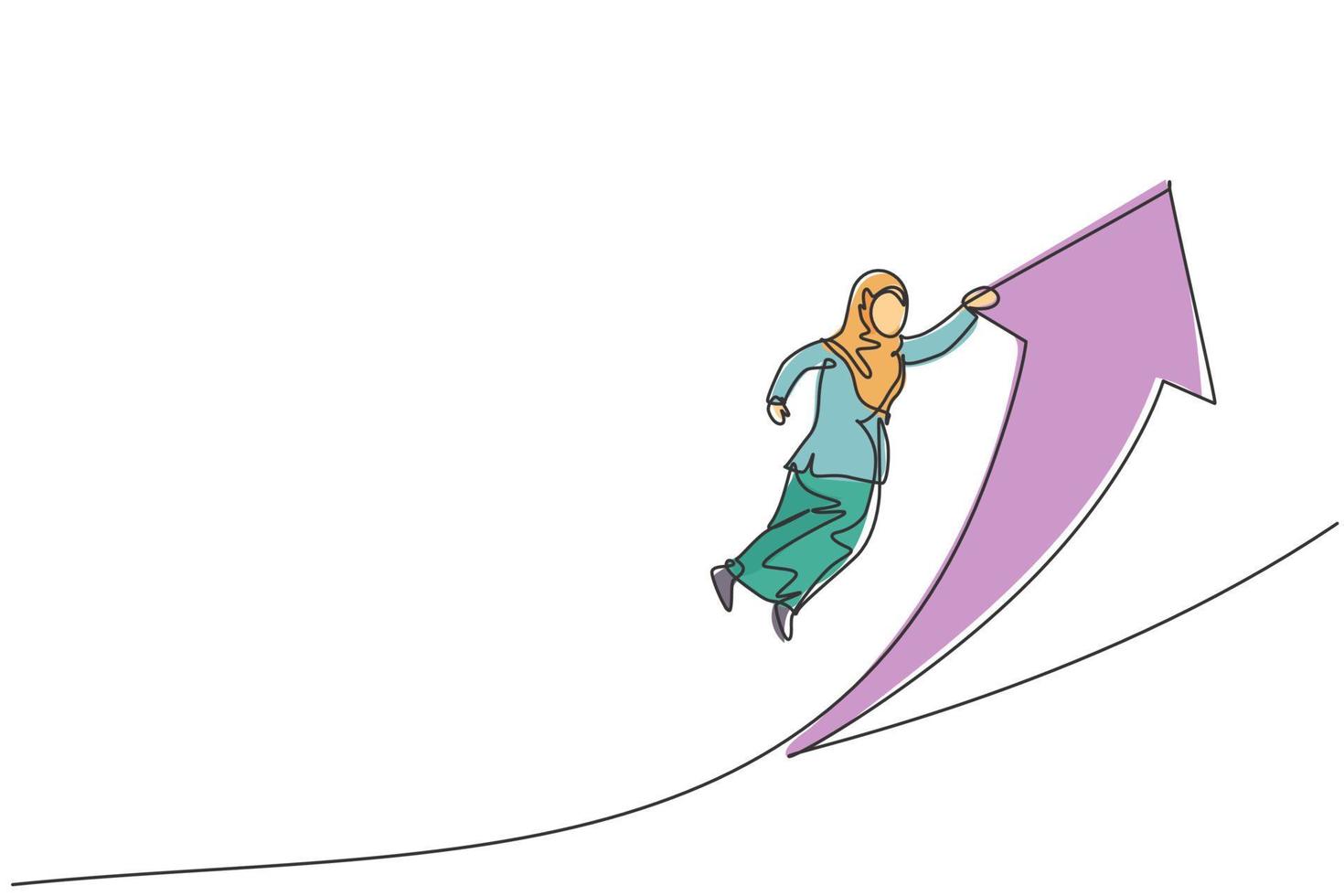 Single continuous line drawing young professional female Arab entrepreneur hanging tight on edge of flying up arrow icon. Minimalism metaphor concept one line draw graphic design vector illustration